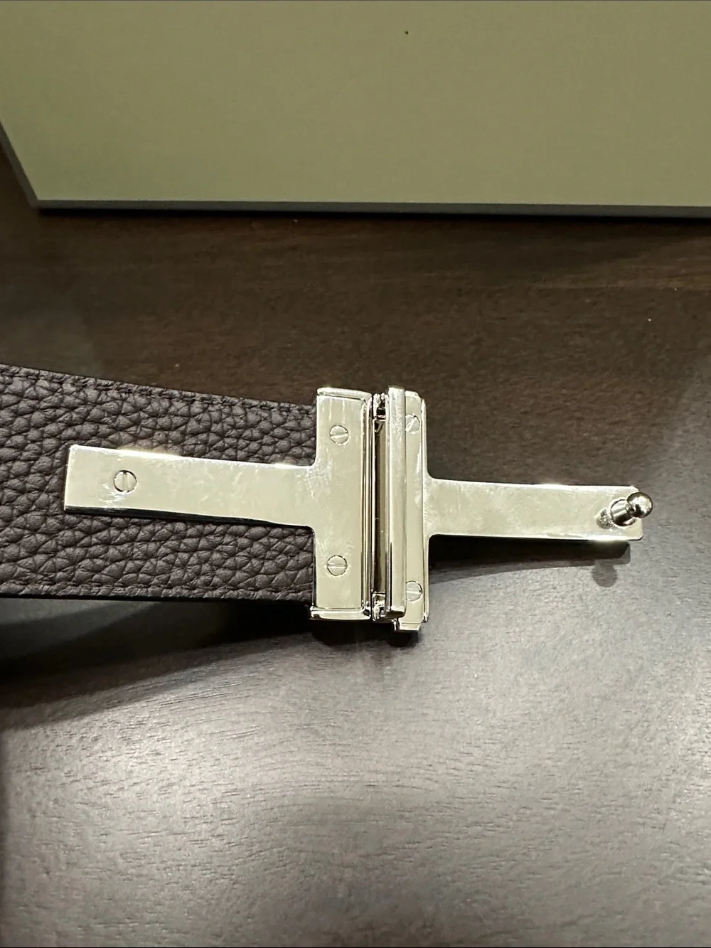 Tom Ford Black Textured Leather Belt with Silver T Buckle